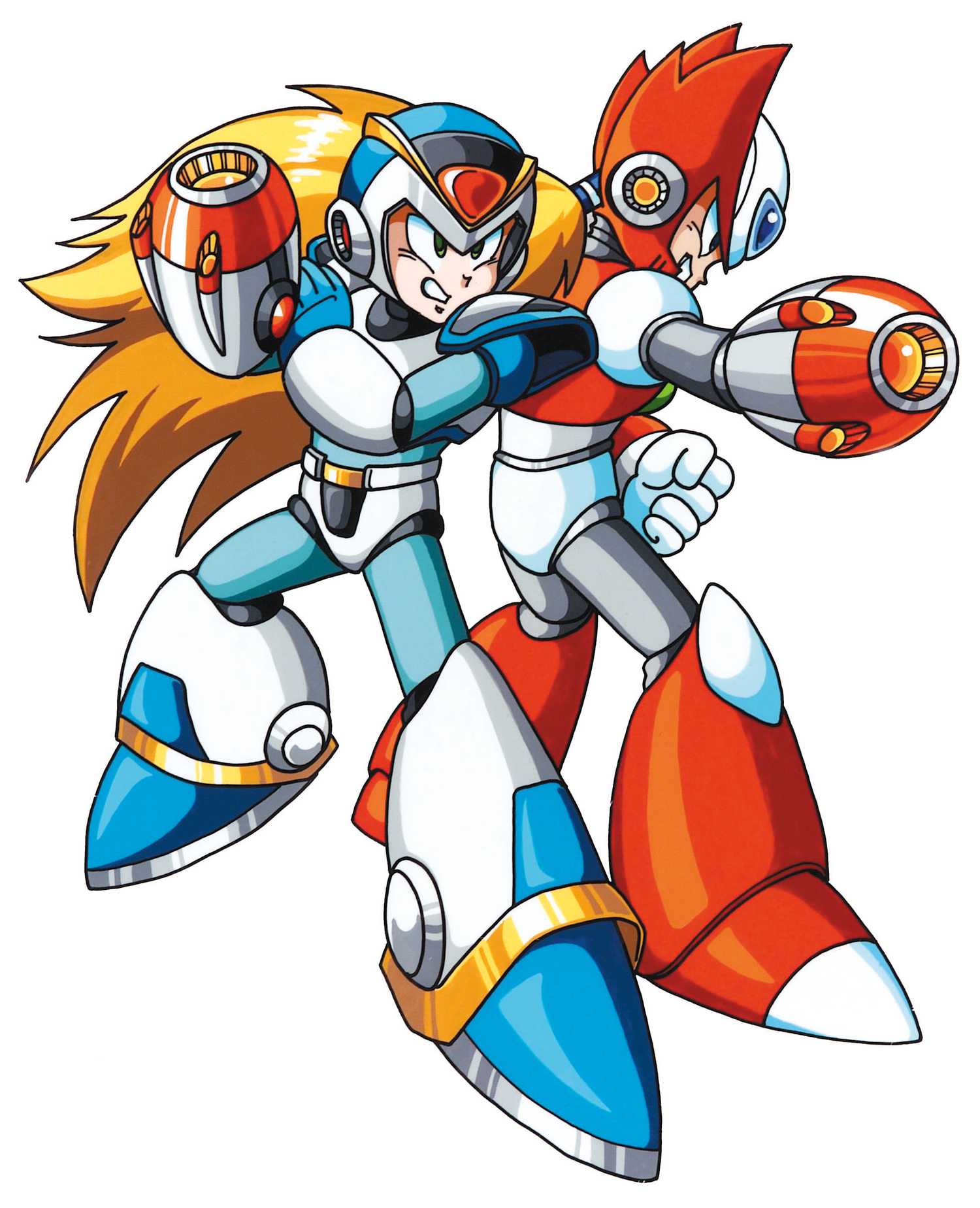 Original art from Capcom shows X and Zero standing back to back, ready to fight.