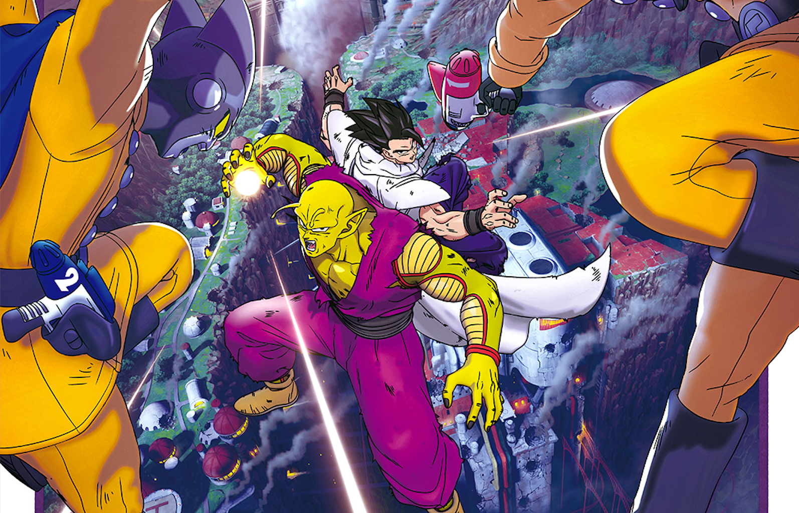 Piccolo and Gohan back to back in mid-air as they fend off an assault from Gamma 1 and 2.