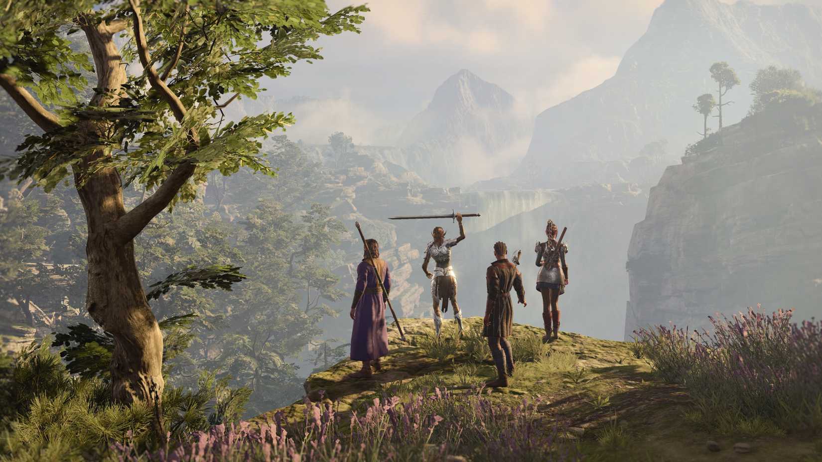 The main character of Baldur’s Gate 3 and three of their companions they’ve met along the course of adventuring gather at the edge of a cliff, enjoying a moment of camaraderie.