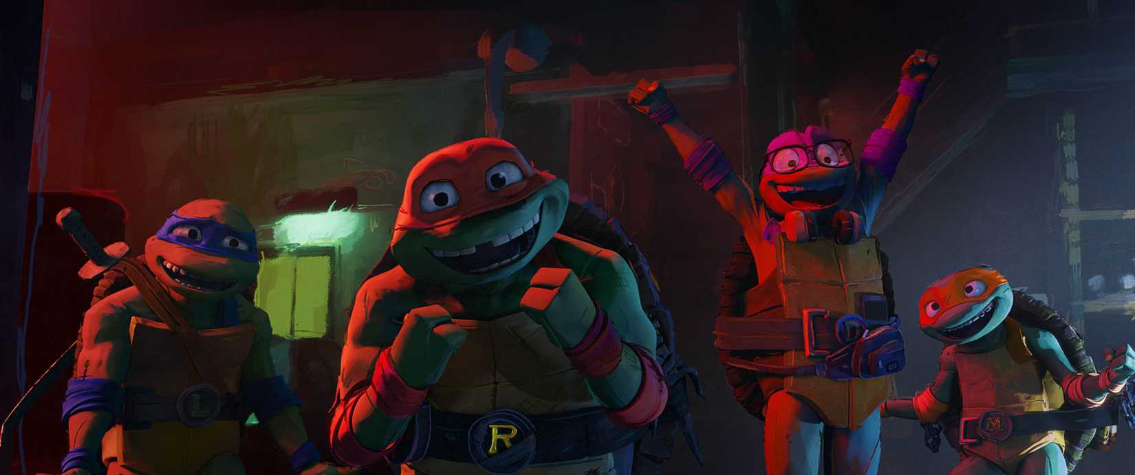 L-r, Leonard, Raphael, Donatello, and Michelangelo are very excited in a screencap from Teenage Mutant Ninja Turtles: Mutant Mayhem.