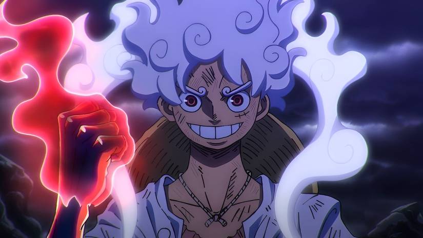 A white-haired, red-eyed Luffy in Gear 5 mode in One Piece.