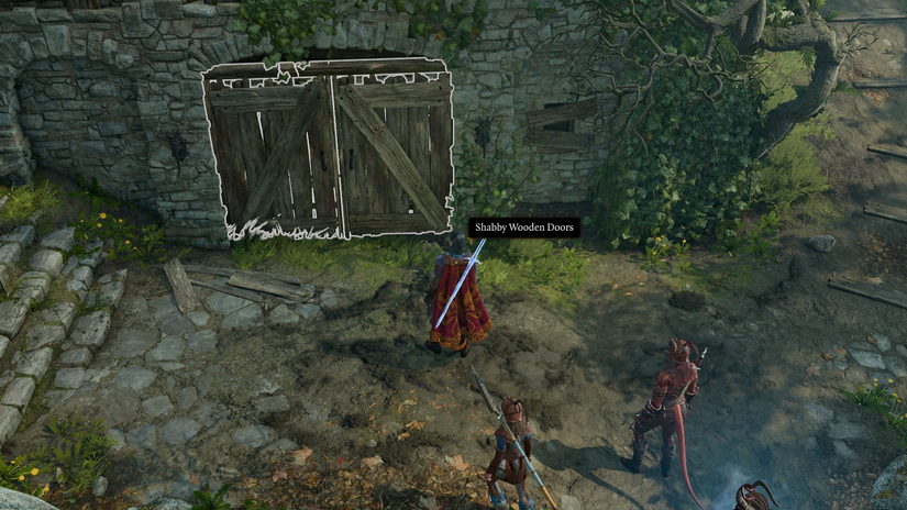 Shabby wooden doors outside of the Blacksmith’s house in the Blighted Village in Baldur’s Gate 3.