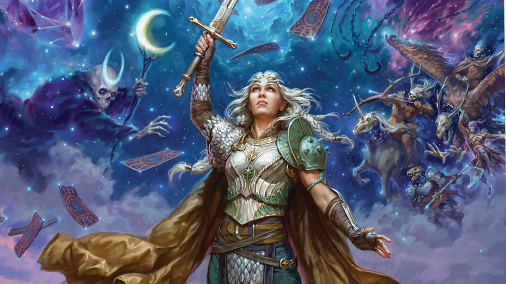 Cover art for The Book of Many Things, showing a figure in metal armor holding a sword aloft as the heavens open around them, with spectral horses and demonic entities reaching toward the blade