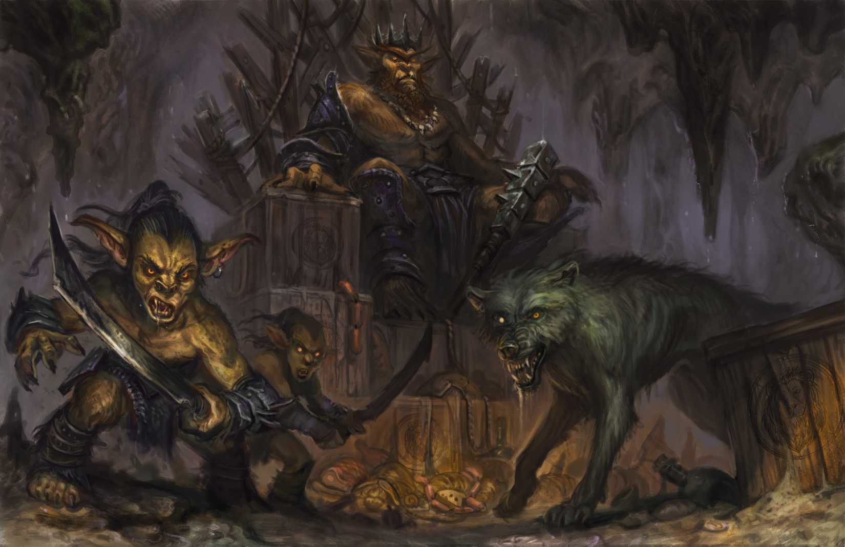 A bugbear, two goblins, and a wolf stare out of the frame ready for action. Overhead hand damp stalactites.