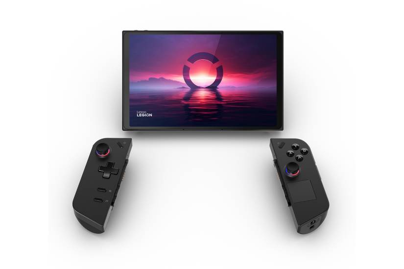 The Lenovo Legion Go gaming tablet with its controllers detached. We’re given a straight-on look in this image. The display is showing a stock background with Lenovo’s own Legion branding.