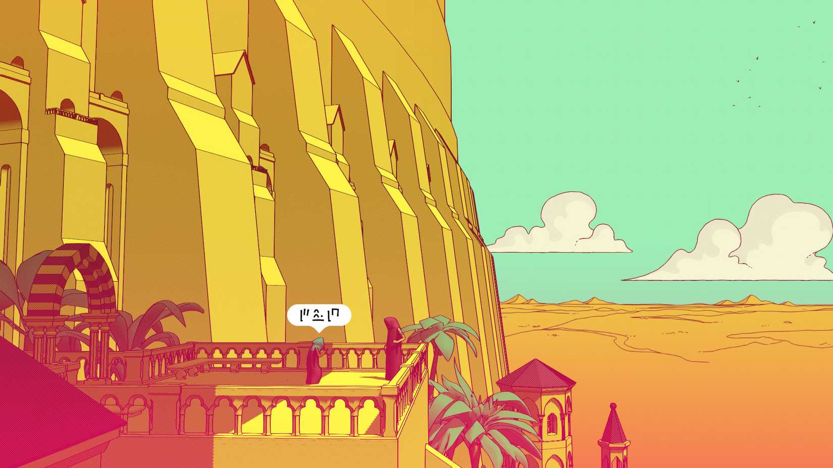 A figure looks off into the distance from a balcony in Chants of Sennaar, speaking an undeciphered language