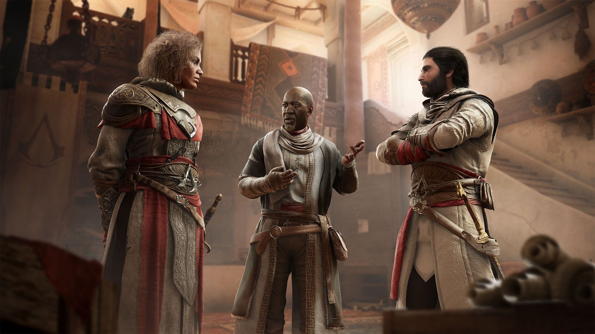Basim speaks with two other Hidden Ones in an interior space in Baghdad in Assassin’s Creed Mirage