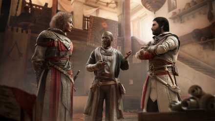 Basim speaks with two other Hidden Ones in an interior space in Baghdad in Assassin’s Creed Mirage
