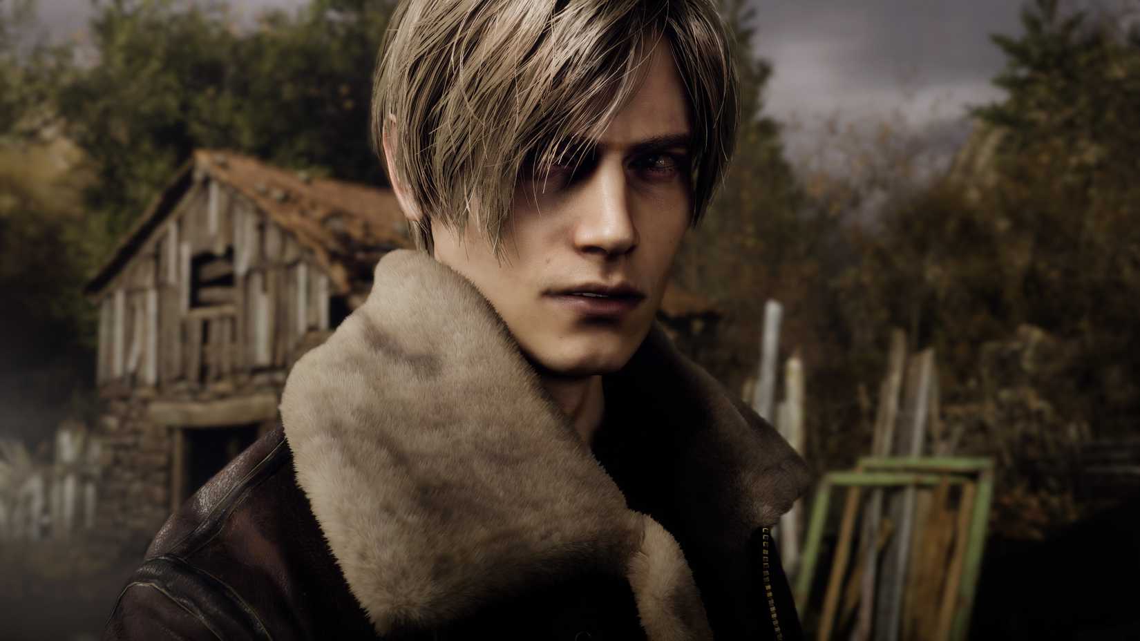 A close-up shot of Leon Kennedy in the village in the Resident Evil 4 remake
