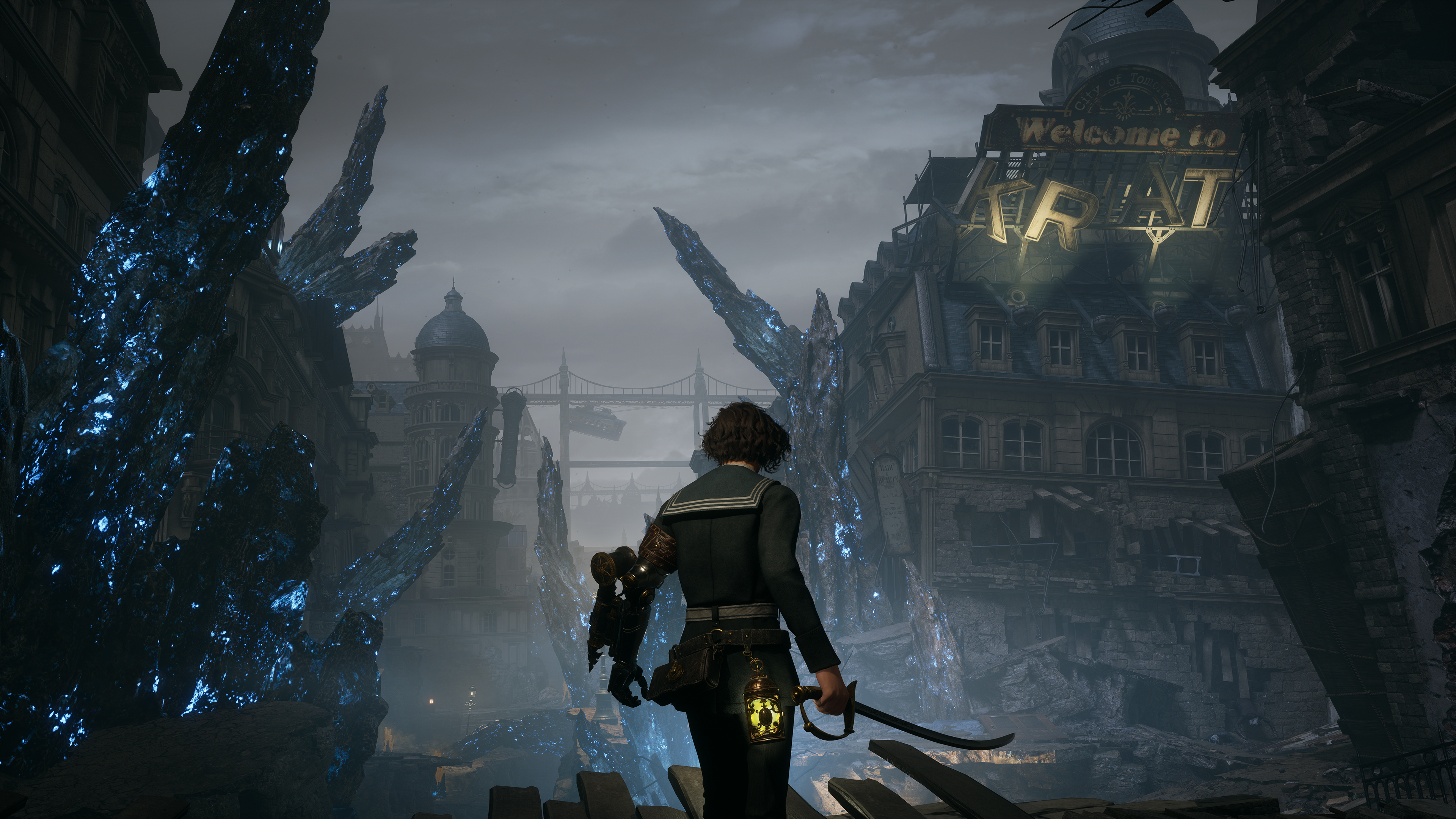 Pinocchio stares out at the ruins of the city of Krat in Lies of P