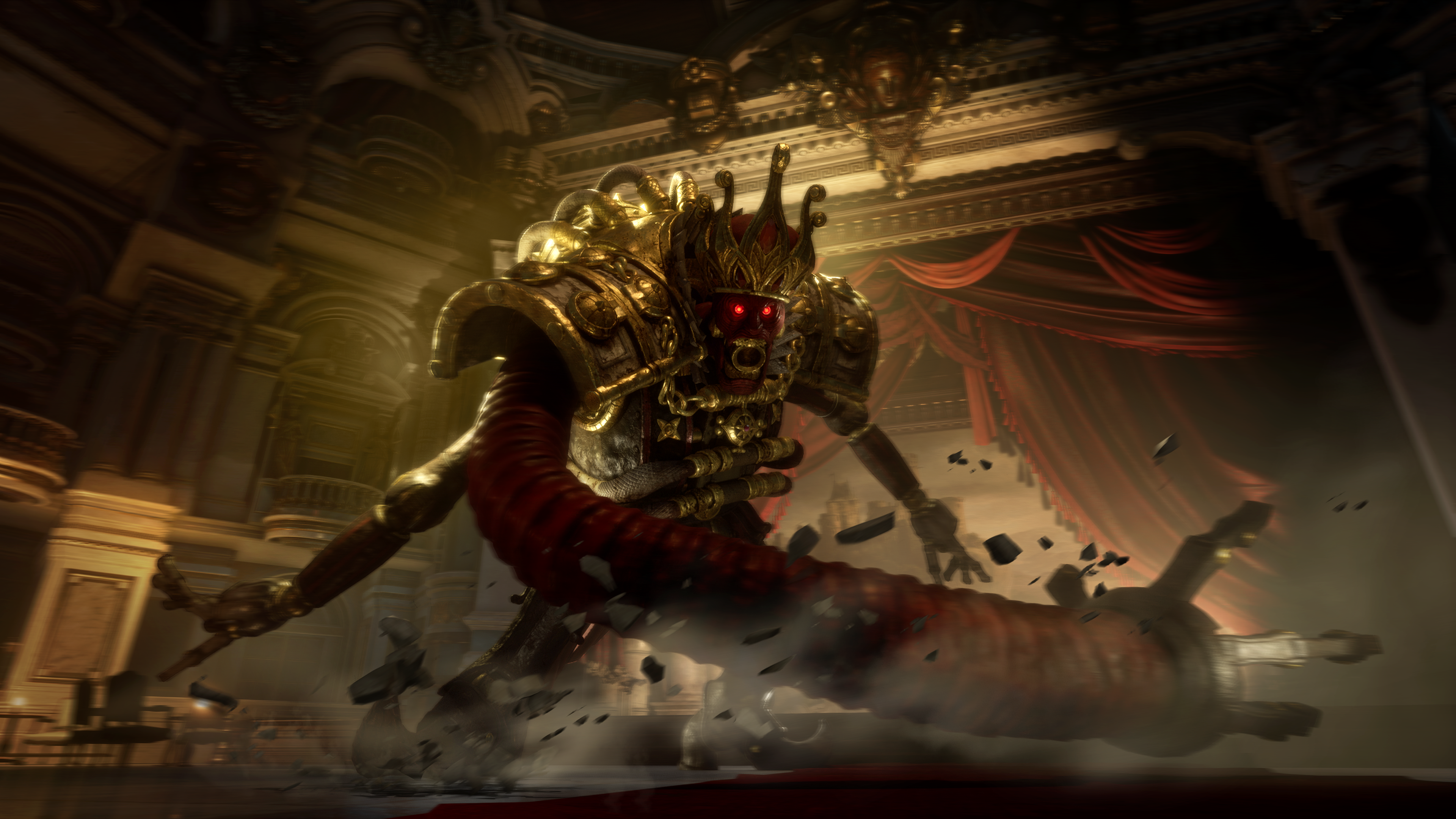 The King of Puppets boss swings his massive arm, scraping debris up in its wake, in Lies of P