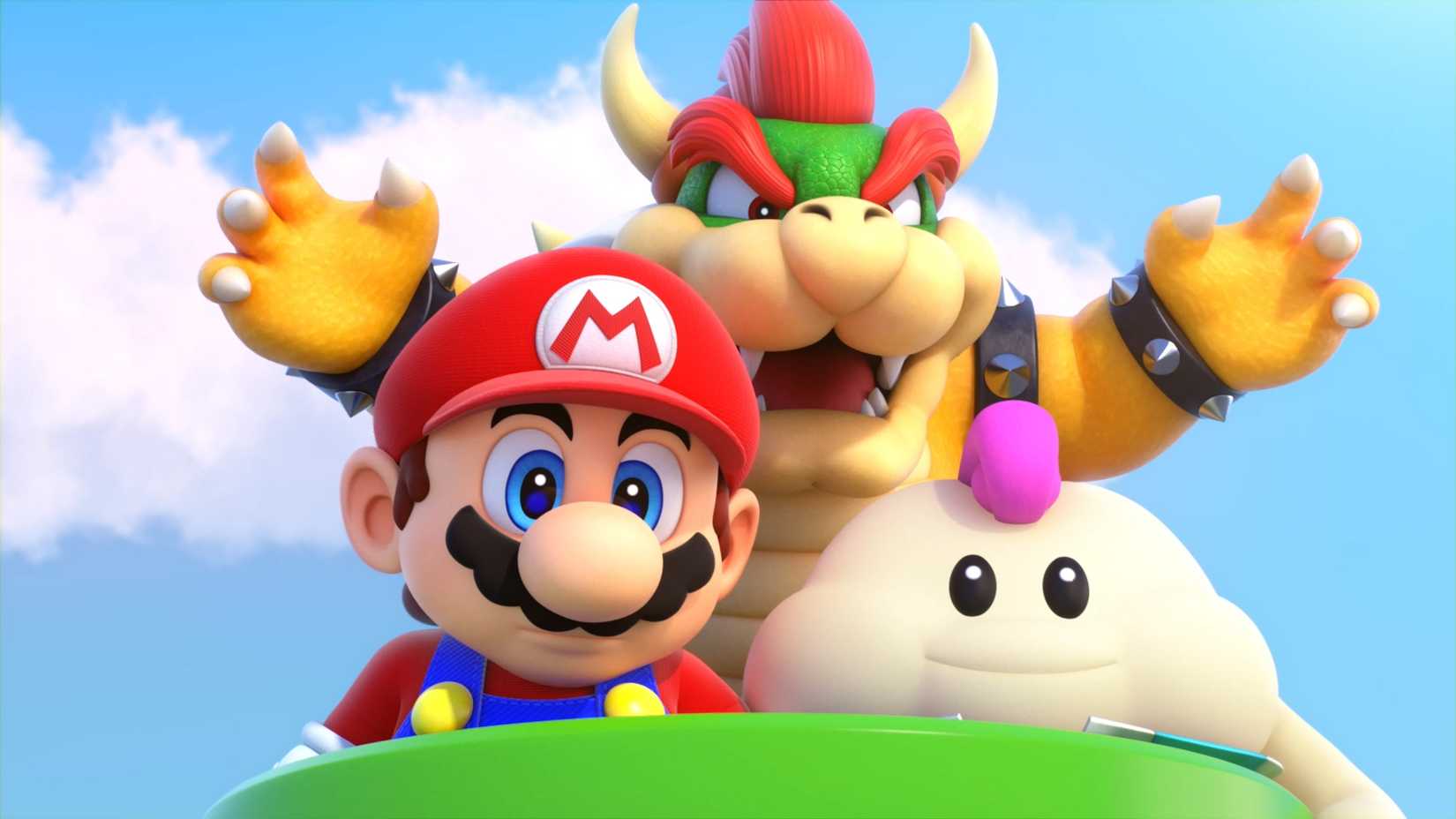 Mario, Bowser, and Mallow down from the green pipe they’re standing in in a screenshot from the Nintendo Switch remake of Super Mario RPG