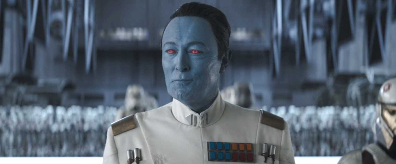 Thrawn (Lars Mikkelsen) stands in front of a battalion of Stormtroopers in Ahsoka