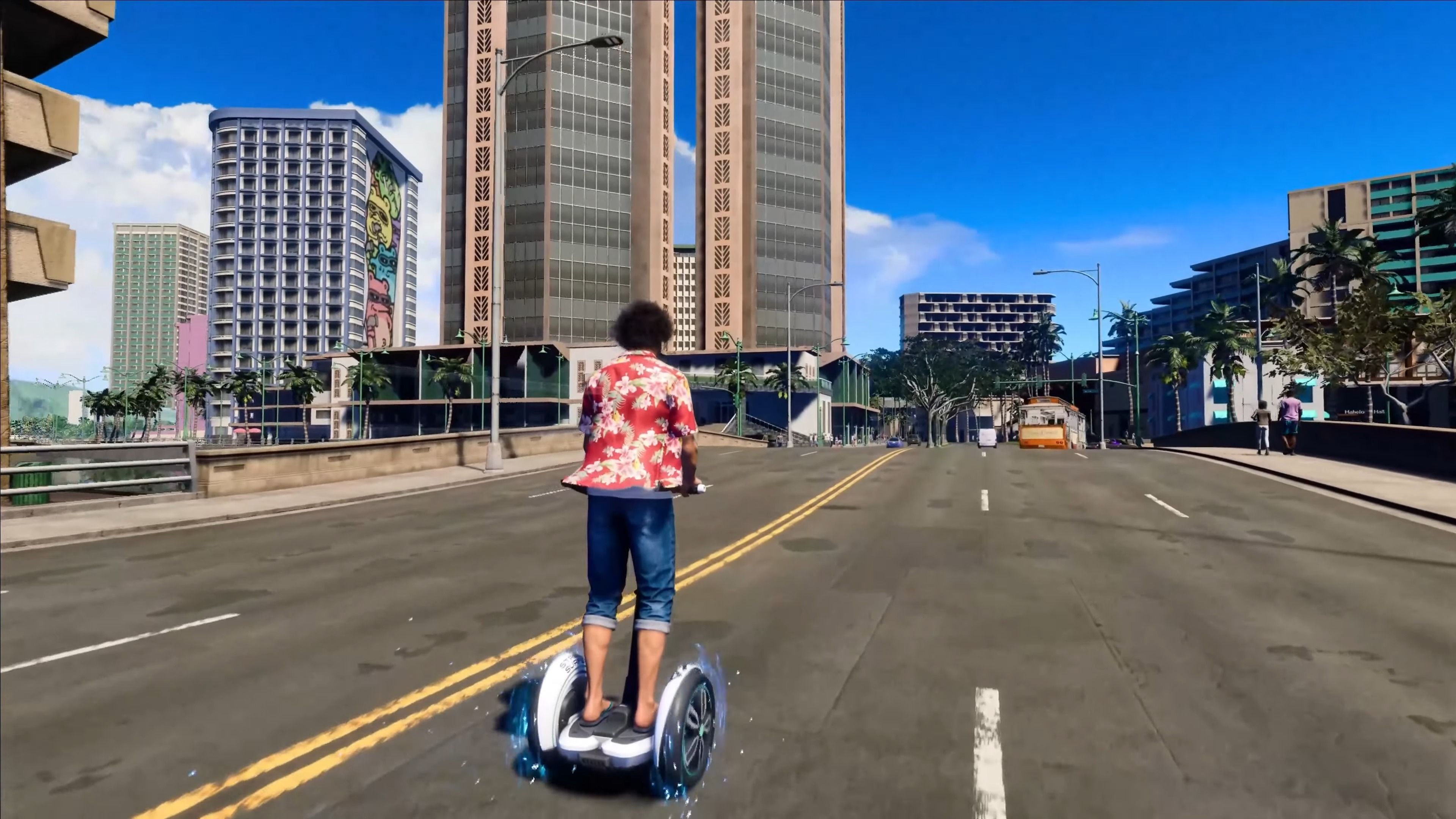 Ichiban Kasuga rides a Segway-like scooter in a screenshot from Like A Dragon: Infinite Wealth
