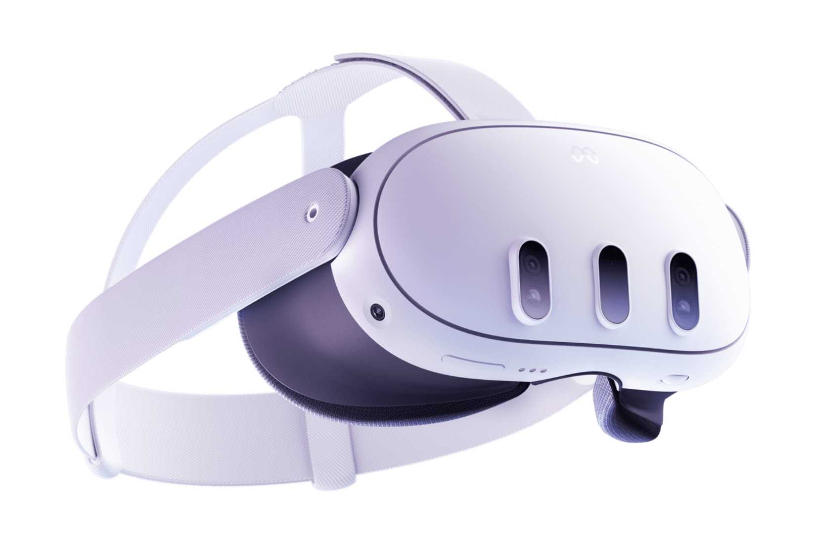 A Meta Quest 3 mixed reality headset is pictured, with its front, side, and bottom revealed.