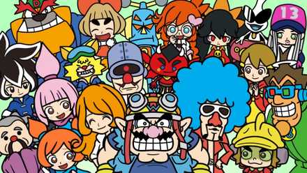 Artwork of the cast of WarioWare: Move It! with Wario front and center