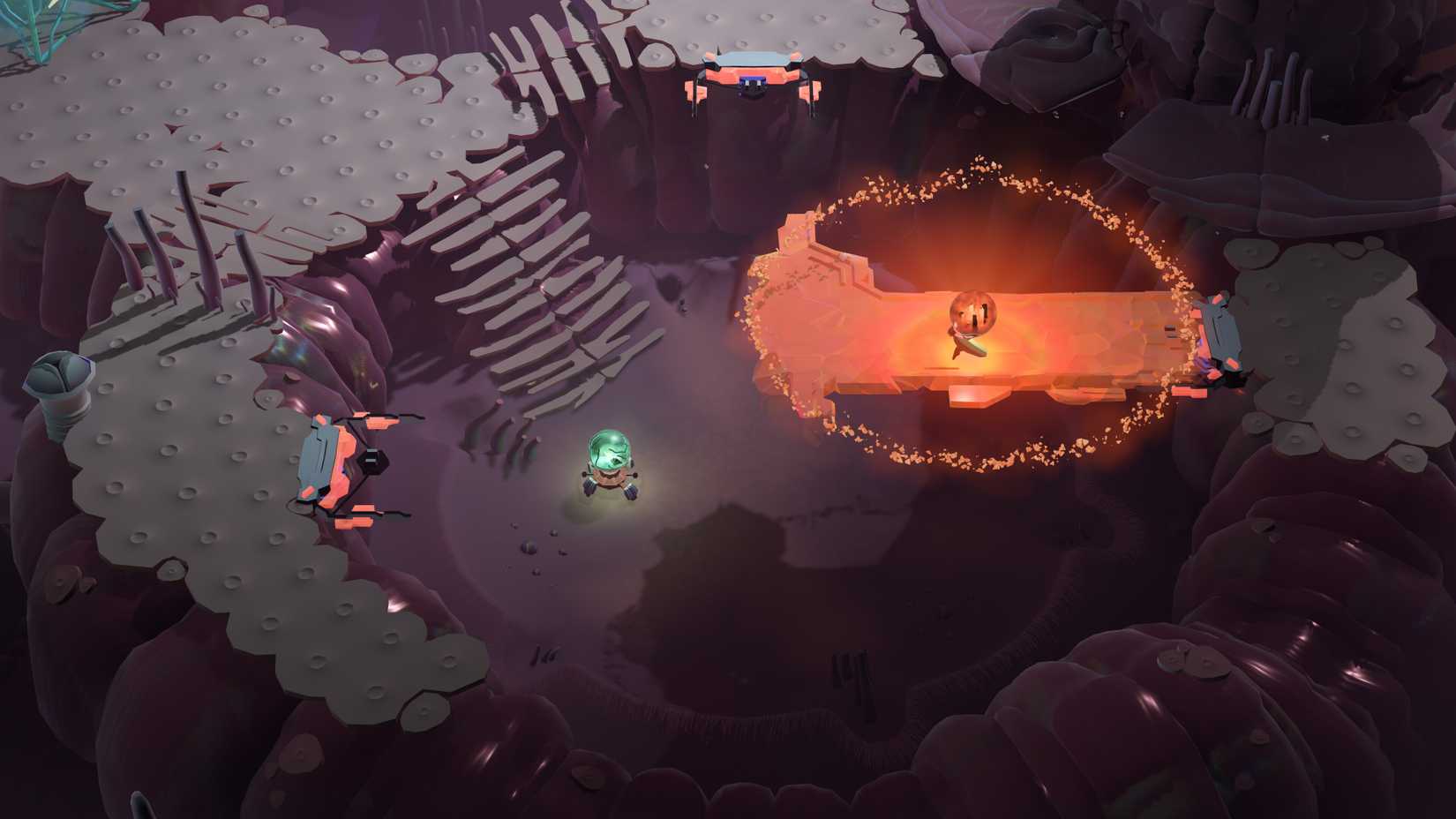 Picture of the Cocoon puzzle game. A little worm walks on a glowing orange bridge, carrying an orange ball.