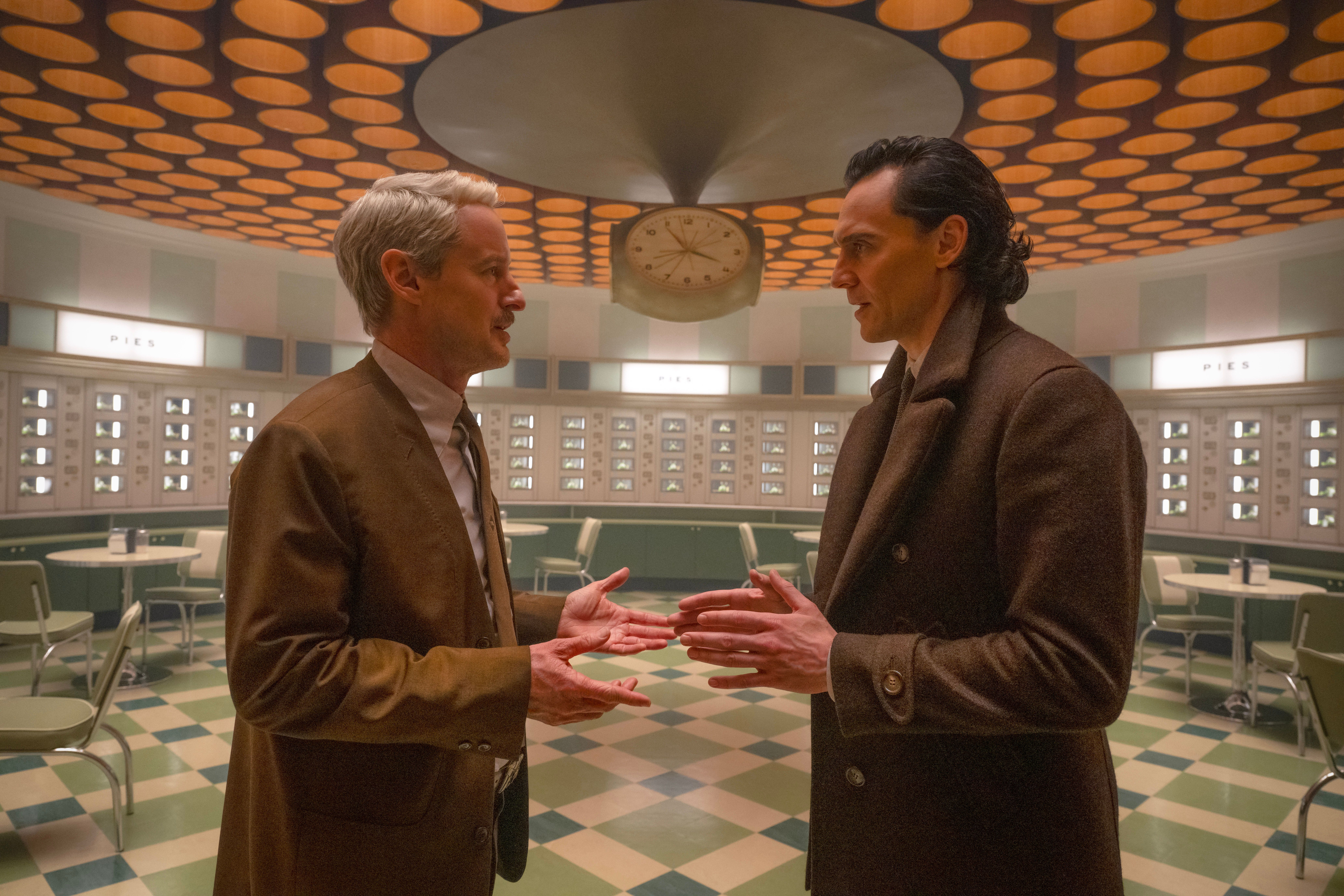 Owen Wilson as Mobius and Tom Hiddleston as Loki in Loki, season 2.