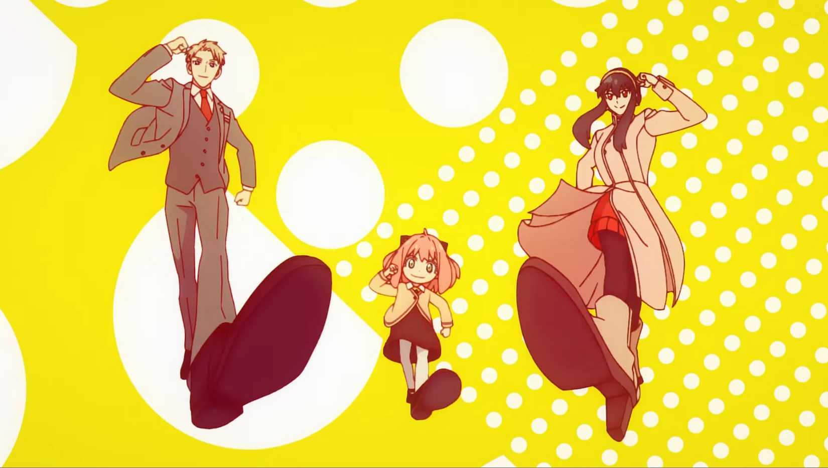(LR) LOID, ANYA, और YOR FORGER MARCHING MARCH-BY-BY-SIDE SPY X FAMILY CEANGEST 2 में एक पीले और सफेद पोल्का डॉट बैकग्राउंड के सामने।