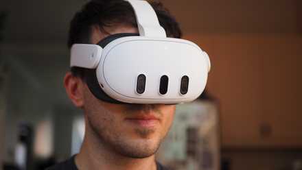 An image of Polygon editor, Cameron Faulkner, wearing the Quest 3 headset.