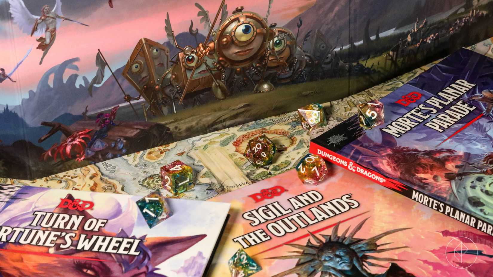 Three books, a DM screen, and a map with some fun dice complete the Planescape: Adventures in the Multiverse collection.