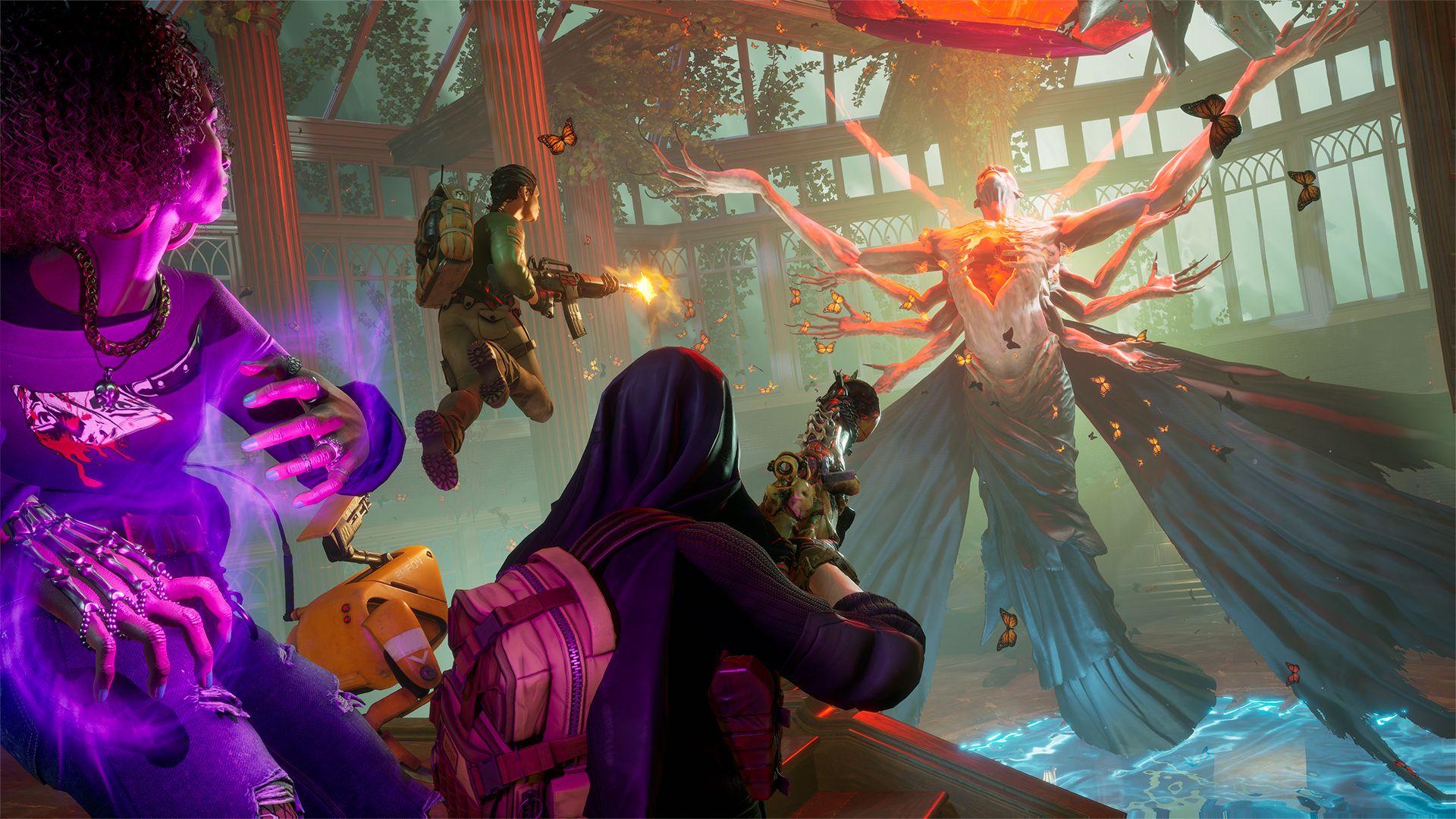 A group of hunters attack an eight-armed vampire creature in an atrium in a screenshot from Redfall