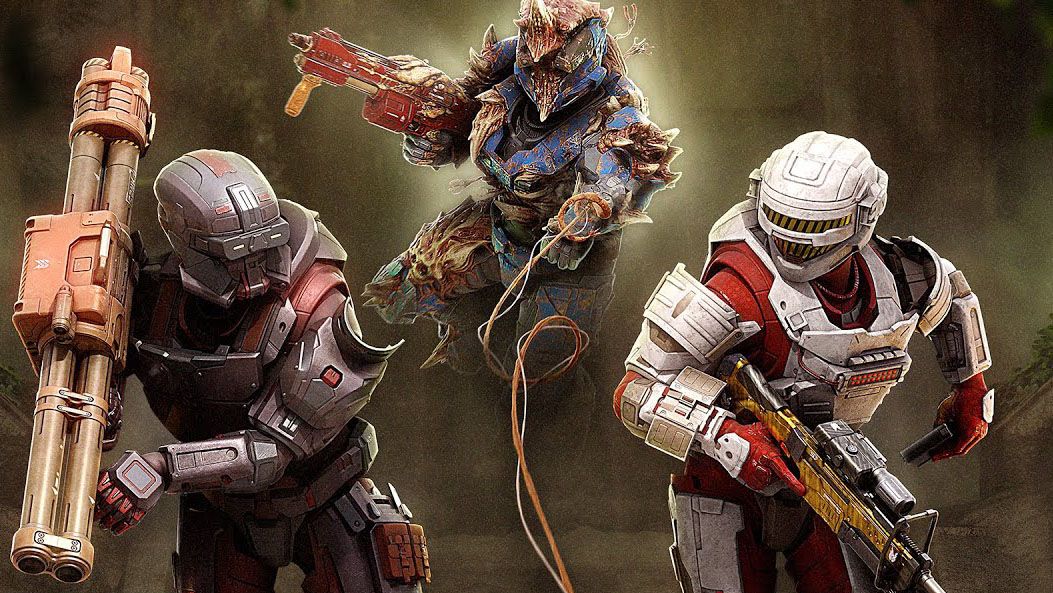 A spartan wearing Flood armor grapples two spartans running away in key art for Halo Infinite season 5.
