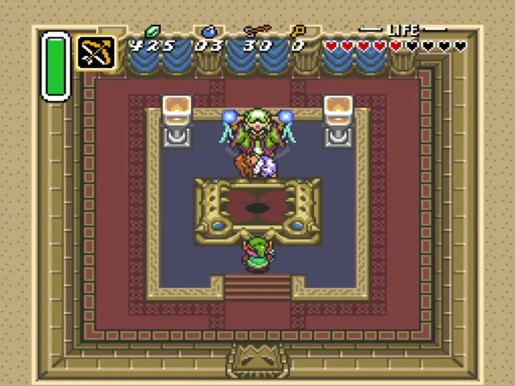 Link faces the wizard Agahnim in A Link to the Past