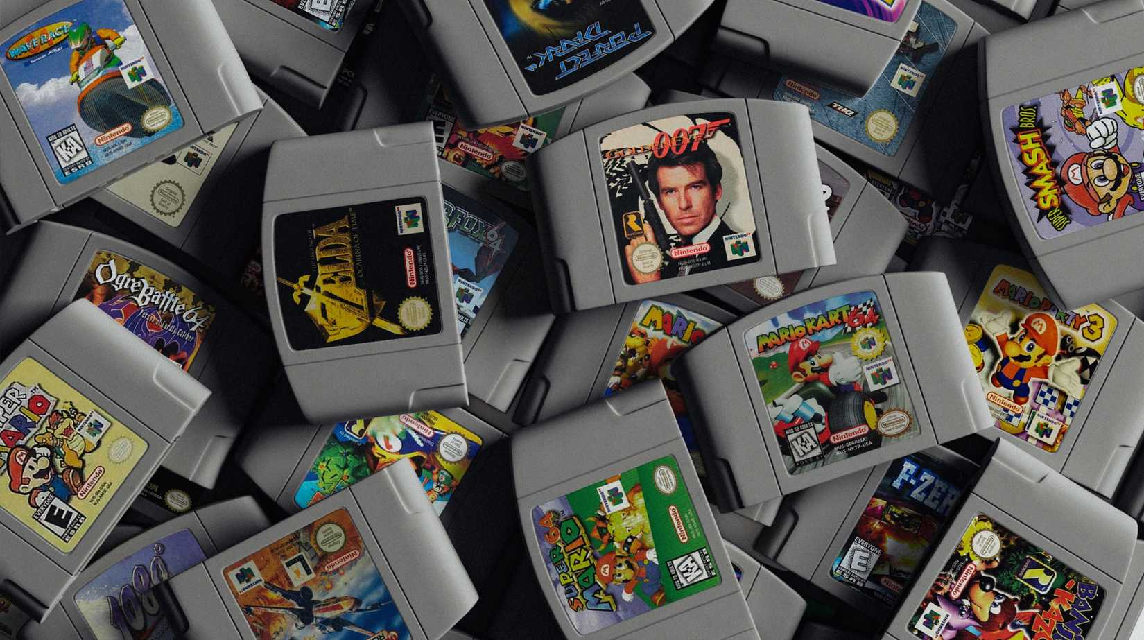 A pile of Nintendo 64 cartridges, including The Legend of Zelda: Ocarina of Time, GoldenEye 007, Super Mario 64, and Mario Kart 64
