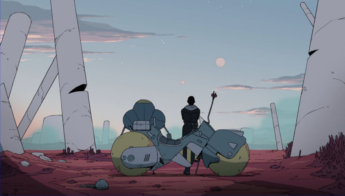 A solitary figure stands in front of a futuristic bike in an alien forest holding a staff while looking at a clear sky in Scavengers Reign.