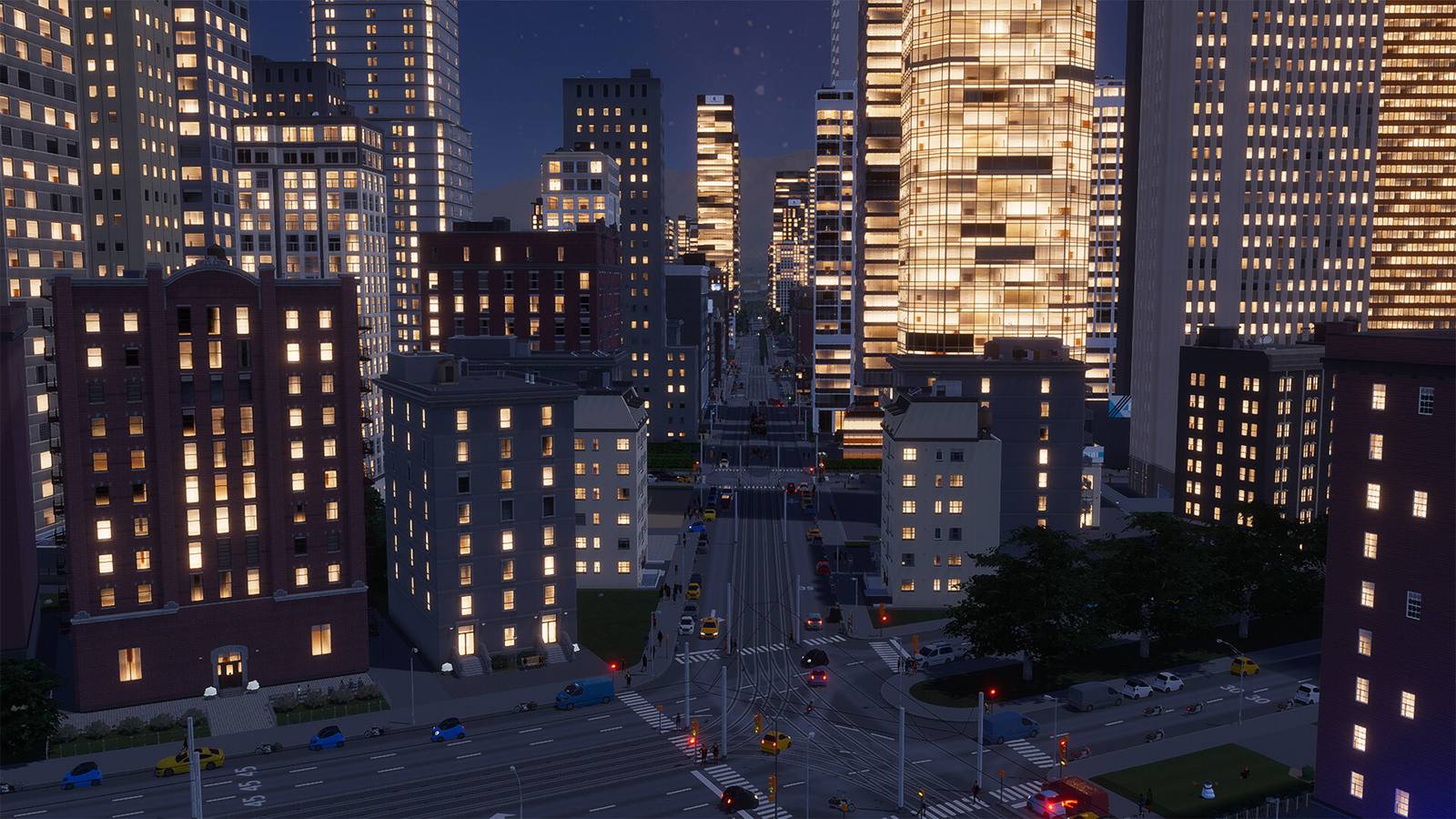 An illuminated city at nighttime in Cities: Skylines 2
