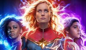 Teyonah Parris as Monica Rambeau, Brie Larson as Captain Marvel, and Iman Vellani as Ms. Marvel on the poster for The Marvels.