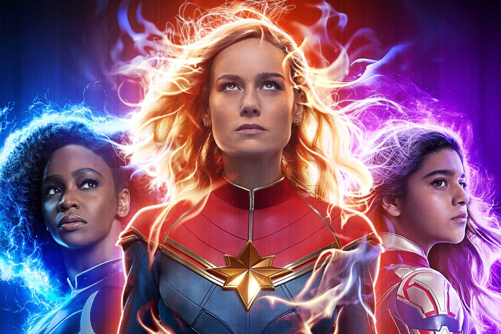 Teyonah Parris as Monica Rambeau, Brie Larson as Captain Marvel, and Iman Vellani as Ms. Marvel on the poster for The Marvels.