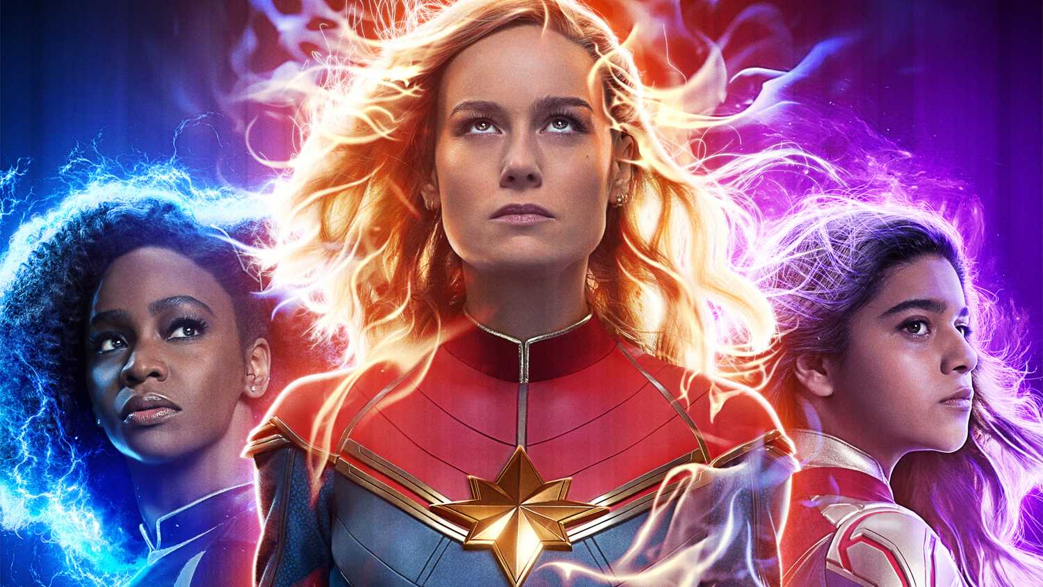 Teyonah Parris as Monica Rambeau, Brie Larson as Captain Marvel, and Iman Vellani as Ms. Marvel on the poster for The Marvels.