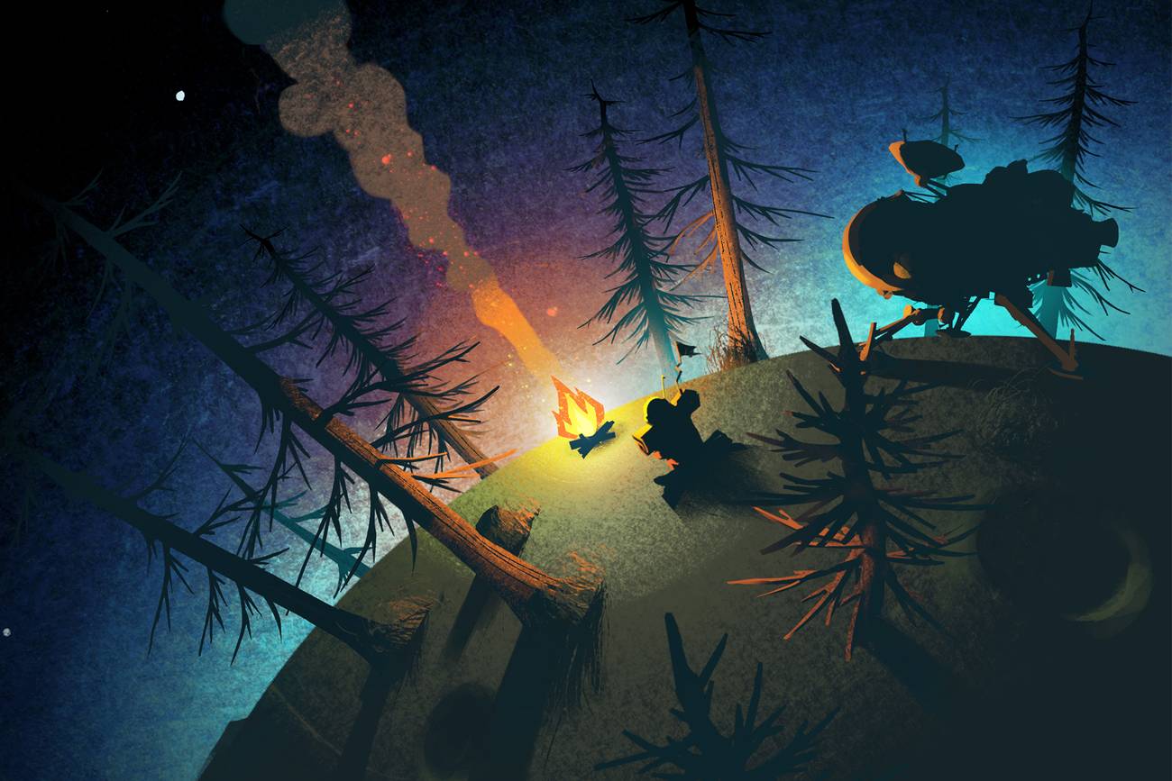 Artwork of Outer Wilds, featuring a space explorer sitting at a campfire in the woods of a tiny planet