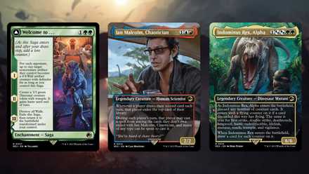 A composite image of the “Ian Malcolm, Chaotician”, “Indominus Rex, Alpha”, and “Welcome to...” cards from the Jurassic Park Universes Beyond set.