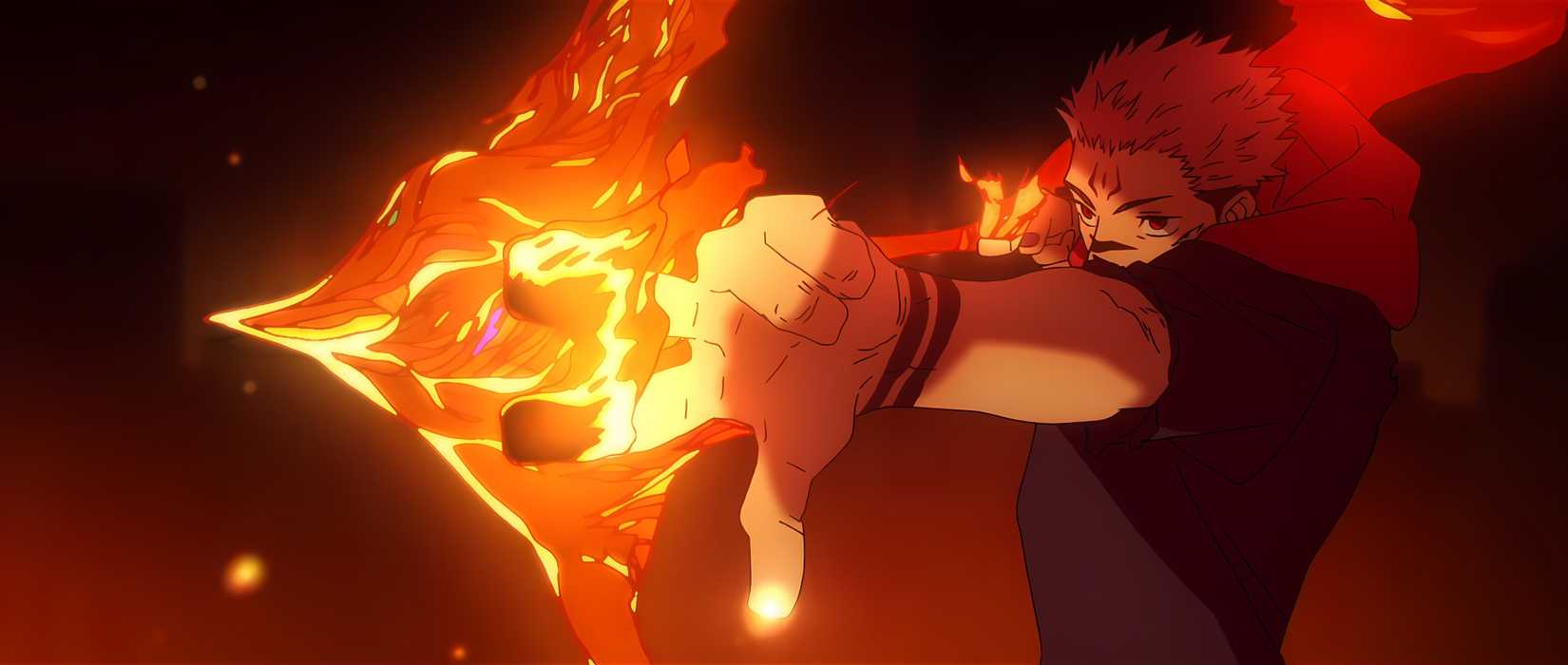 A Sukuna-possessed Yuji Itadori aiming an arrow made of fiery energy in Jujutsu Kaisen.