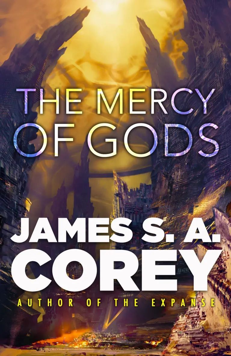 A vast sci-fi fantasy scape, with long jagged cliffs stretching into the sky, on the cover for James S.A. Corey’s The Mercy of Gods.