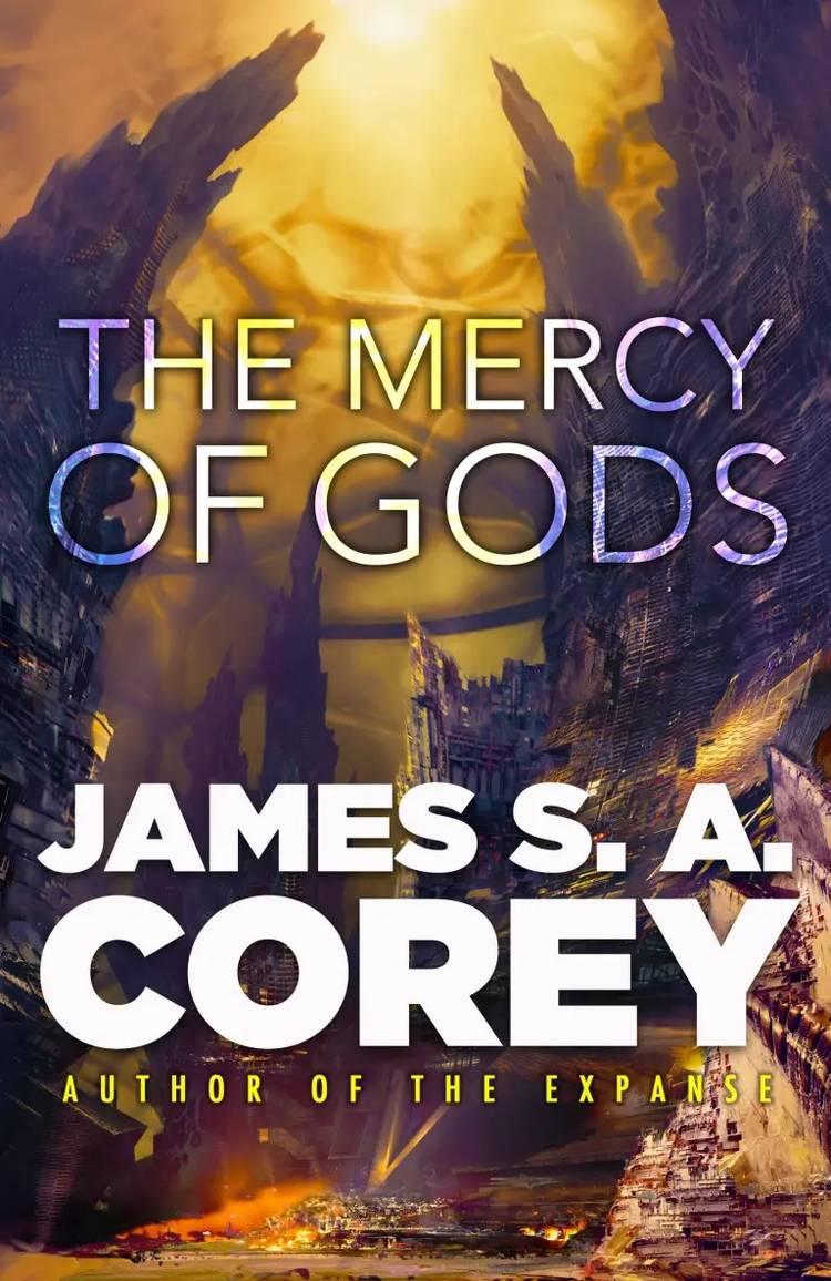 A vast sci-fi fantasy landscape, featuring jagged cliffs stretching into the sky, from the cover of The Mercy of Gods.