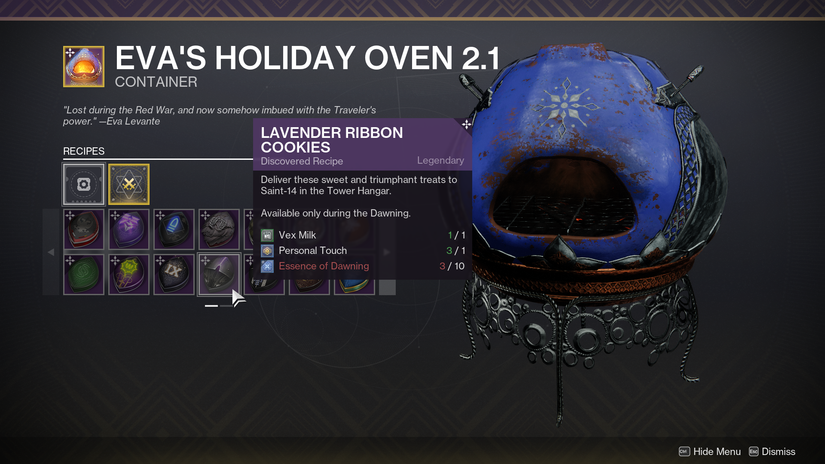 Destiny 2 the Dawning 2023 recipes and ingredients list