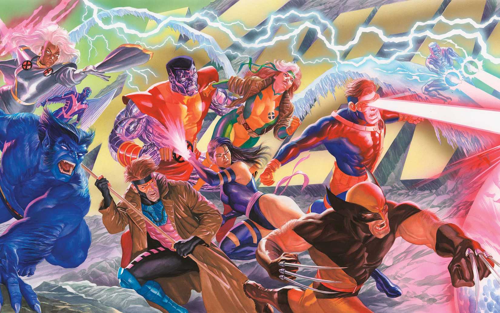 Wolverine, Cyclops, Psylocke, Gambit, Beast, Rogue, Storm and Colossus charge toward Magneto in artwork by Alex Ross int