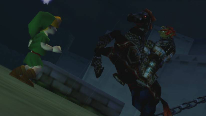 A child Link faces off against the evil red-haired Ganondorf, riding a bucking steed, in Zelda: Ocarina of Time