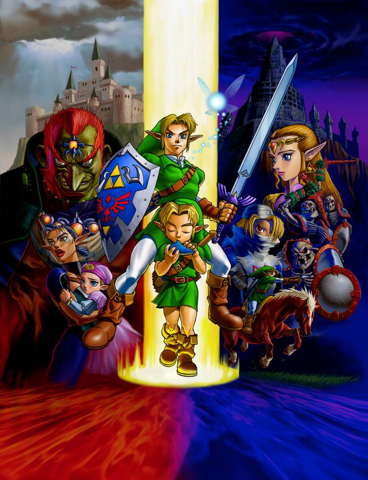 Artwork showing all the major characters from Zelda: Ocarina of Time, including both child and adult Link at the center. 