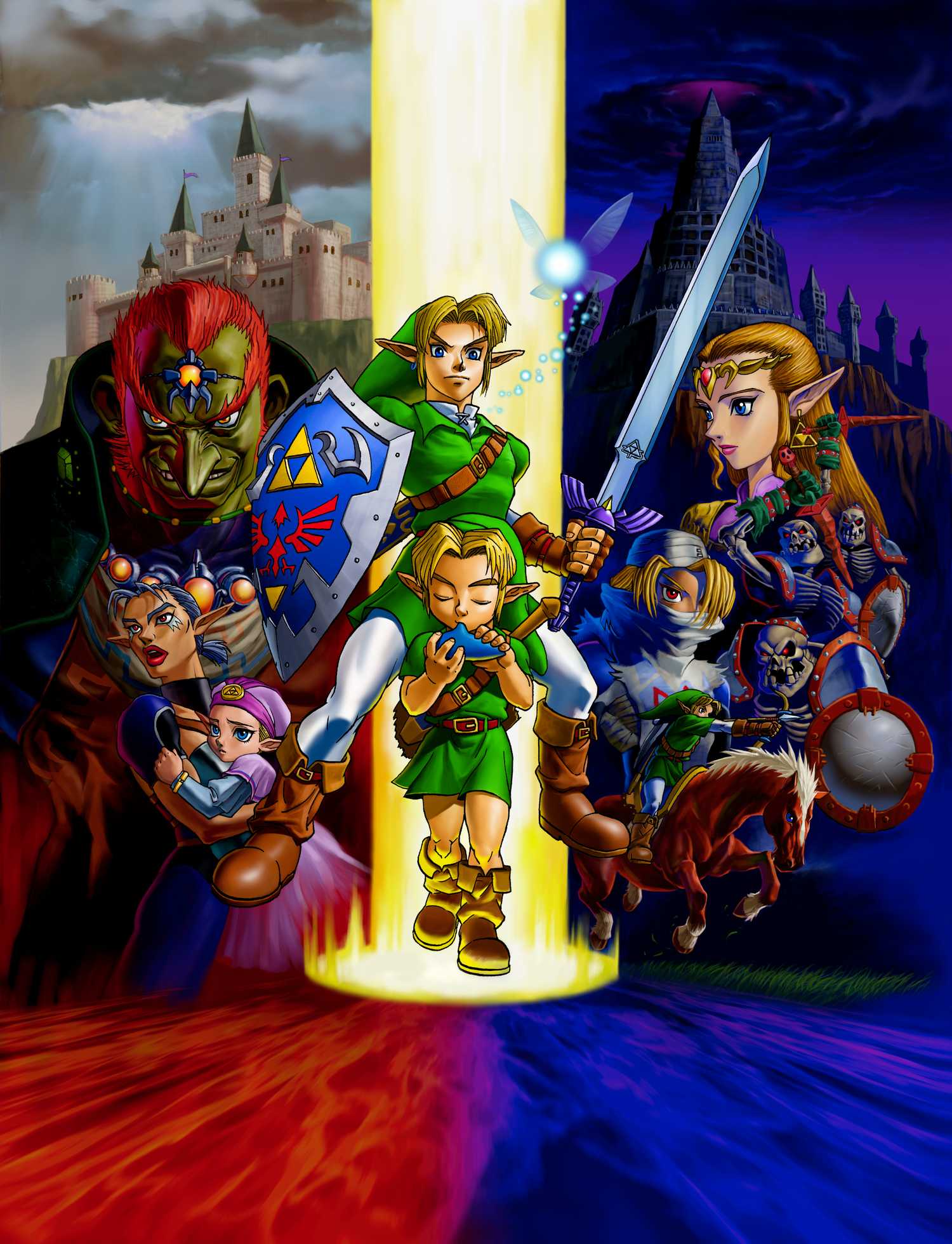  Ocarina of Time, including both child and adult Link at the center. 