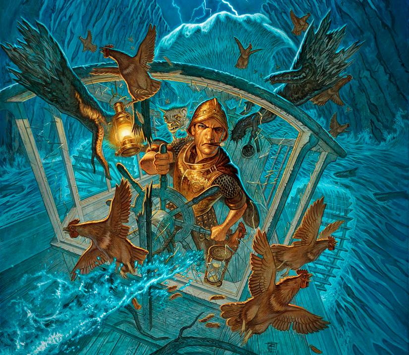 Detail from the cover of Terry Pratchett’s Snuff, painted by Paul Kidby, with Pratchett’s favorite hero, Samuel Vimes, attempting to steer a small paddleboat between cliffs down a raging river, as chickens fly around him in all directions