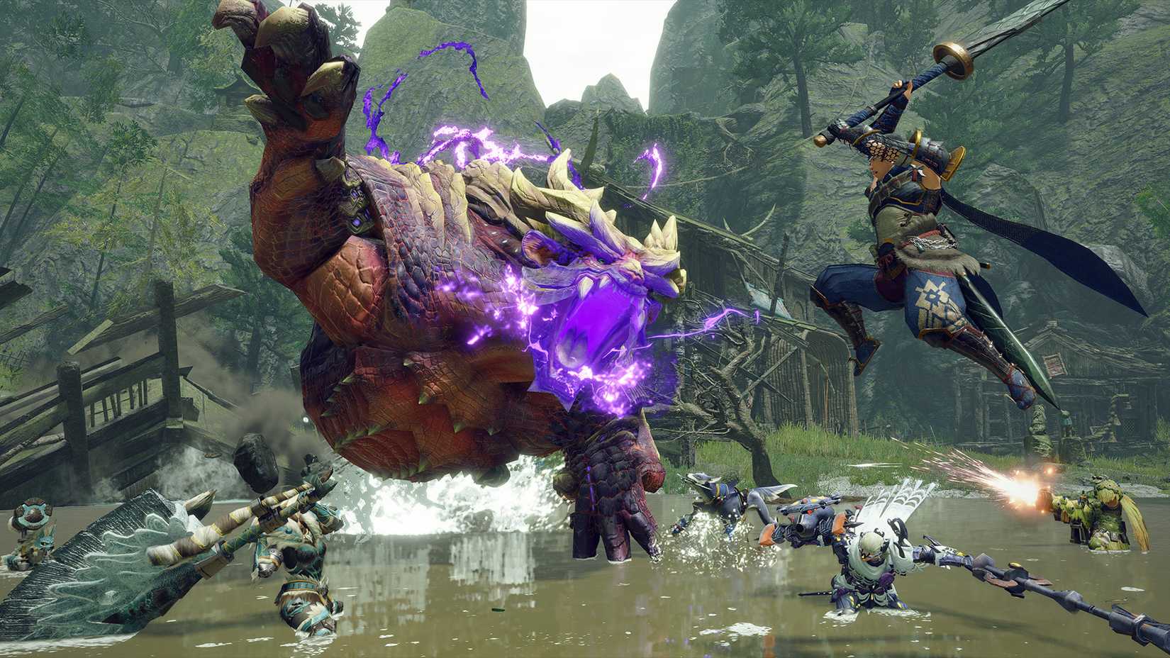 Four hunters and their pets battle a Magnamalo in a swamp in a screenshot from Monster Hunter Rise