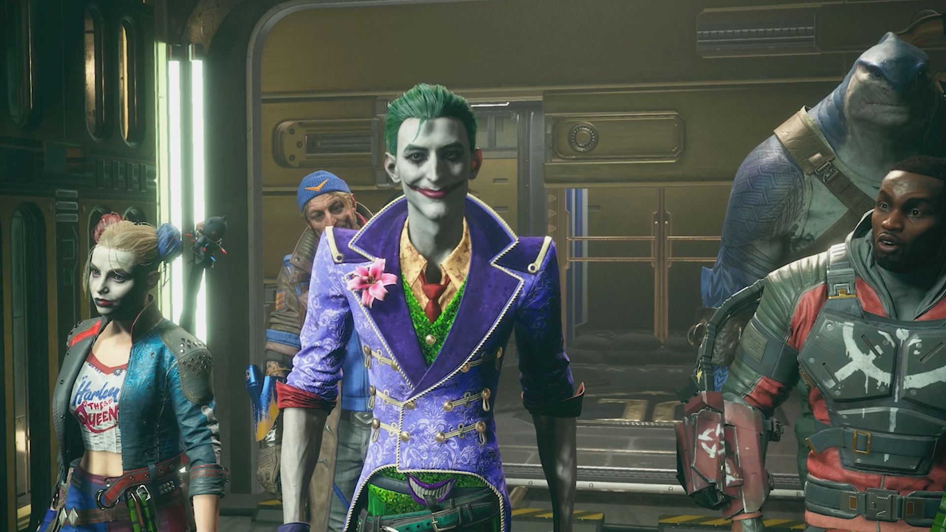 The Joker walks alongside Harley Quinn, Captain Boomerang, King Shark, and Deadshot in a screenshot from Suicide Squad: Kill the Justice League