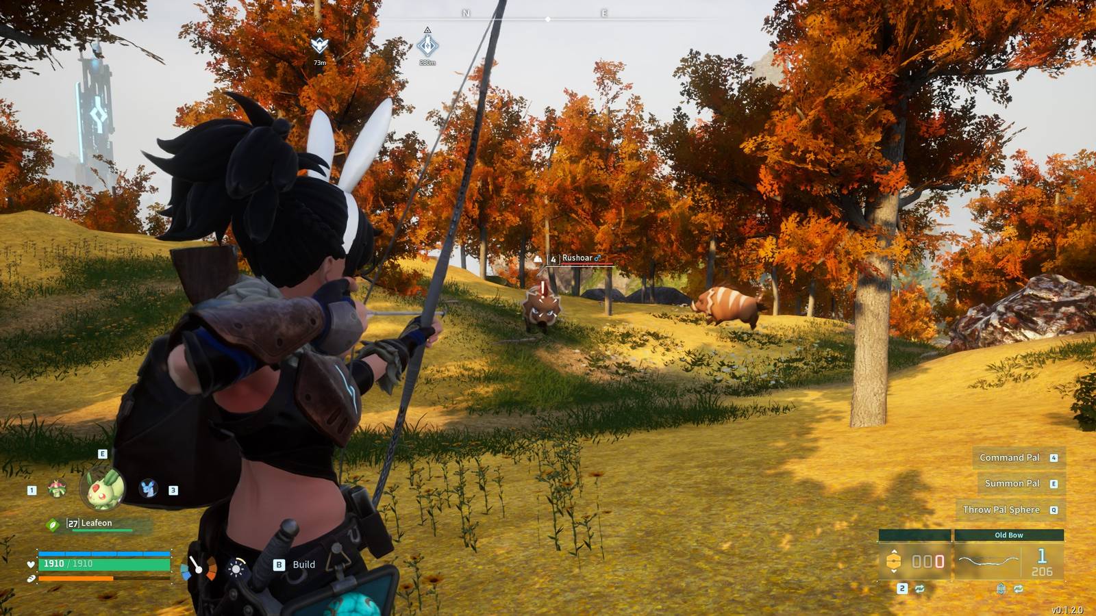 A Palworld character winds up to fire an arrow at a boar-like Pal