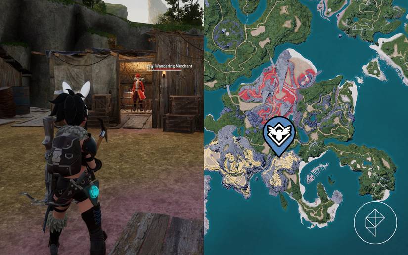 A split map showing where to find a merchant in a small settlement in Palworld.