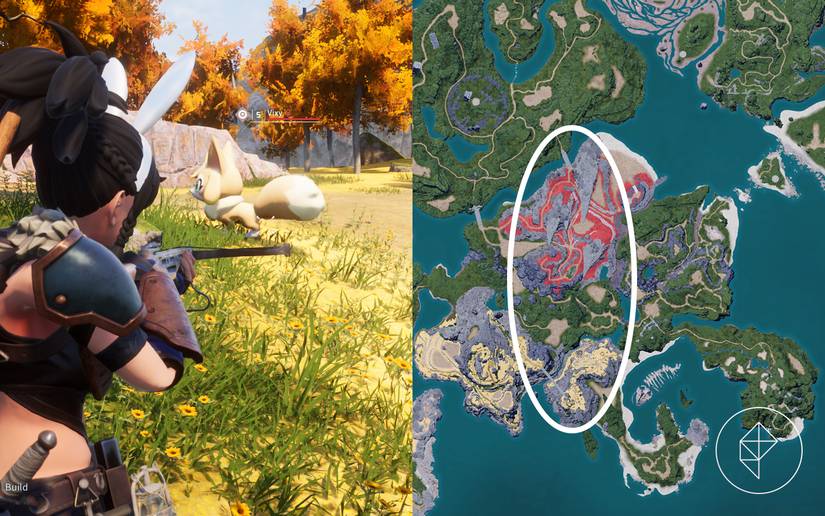 A map showing where to find Pals that drop leather in Palworld.